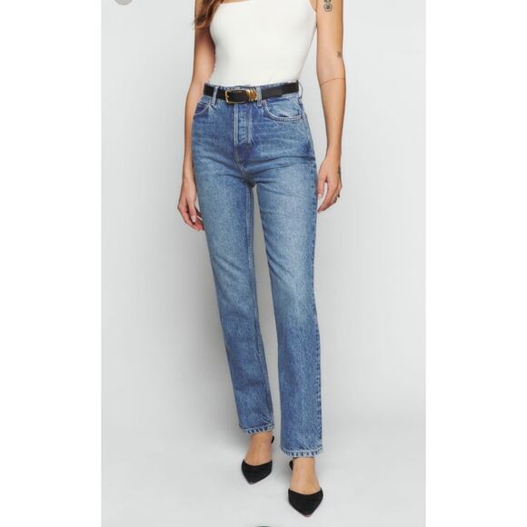 Reformation Denim - Reformation Cynthia High Rise Straight Cropped Mom Jeans Med Wash Button Fly 26